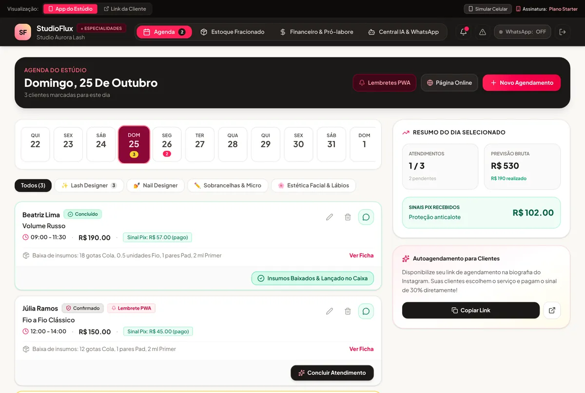 Agenda do StudioFlux com atendimentos do dia, sinal Pix pago e baixa automática de insumos