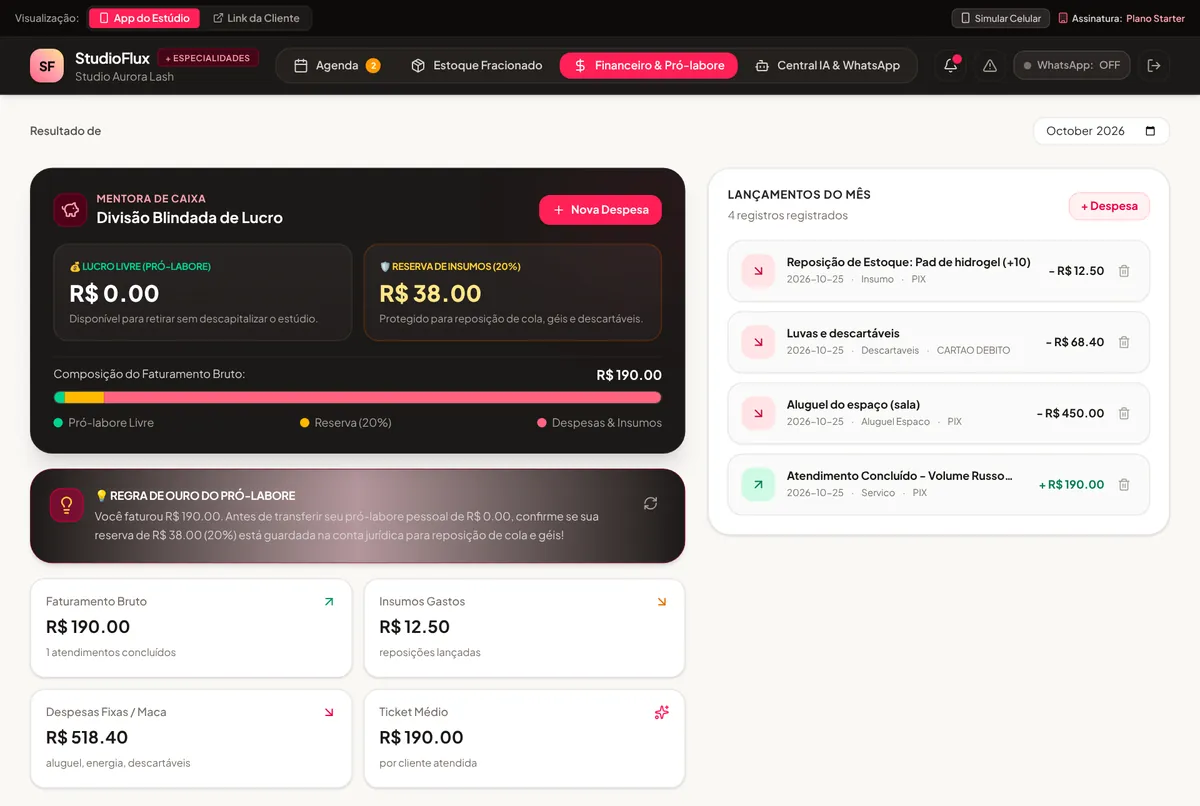 Tela financeira do StudioFlux com pró-labore livre e reserva de custos